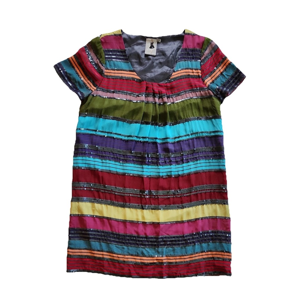 Esthers Archive Silk Mini Dress XS Colorful Stripe Sequin Artsy Party Cocktail
